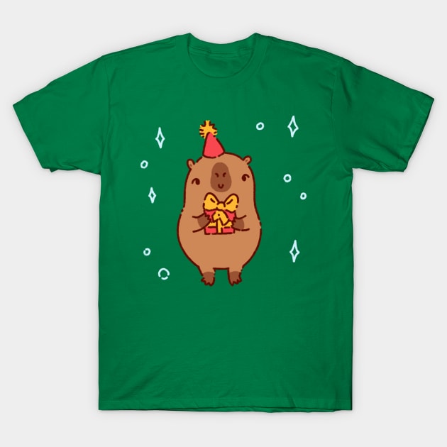 Capybara with a gift and a party hat T-Shirt by Tinyarts